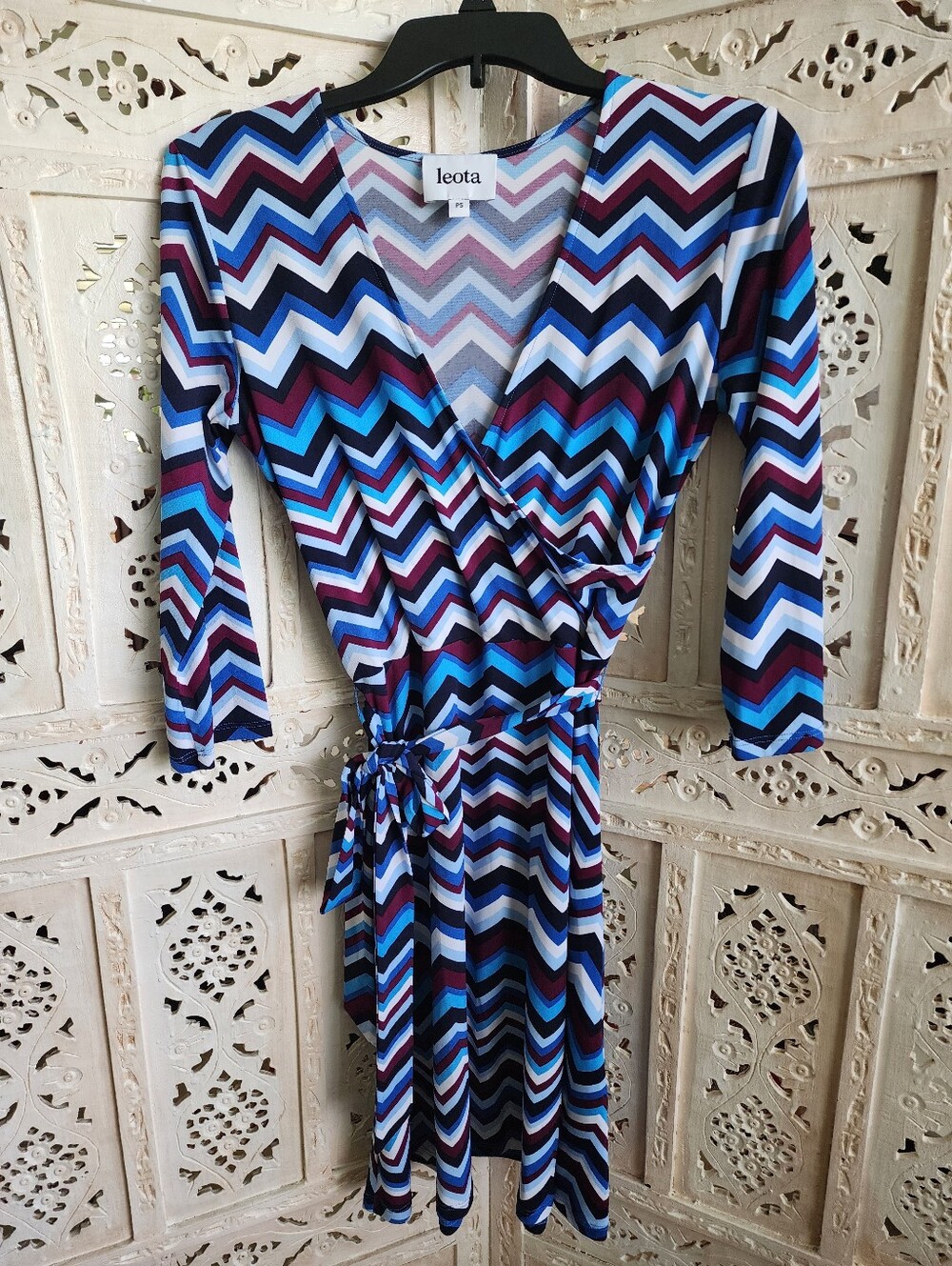 Leota Blue Maroon White Chevron Faux Wrap Dress- Petite Small